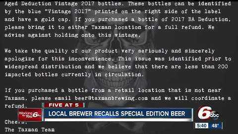 Taxman Brewing recalling new beer due to bottling issue