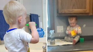 Toddler Uses Learning Tower To Climb Onto Kitchen Counter