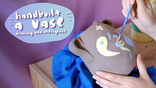 Handbuilt a Vase, drawing and underglaze on clay 🌼 Pottery Studio Vlog