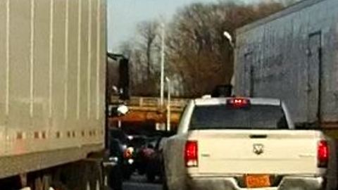 Scary GW Bridge Crossing in NYC. White Pickup Truck and Semi Truck collision
