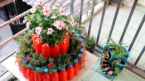 Amazing Flower Tower Pots, recycle plastic bottles for small space