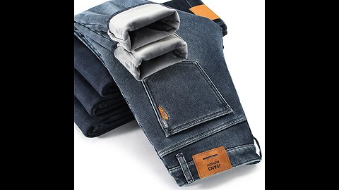 Winter New Men Fleece Jeans Business Casual Stretch Fitted Straight Denim CowBoy Student Trousers