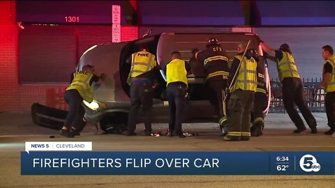 6 firefighters flip over Kia Soul after crash on East 13th Street and Carnegie