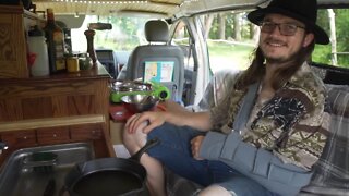 He lives in a minivan he converted into a camper, and he's driving it across the country.