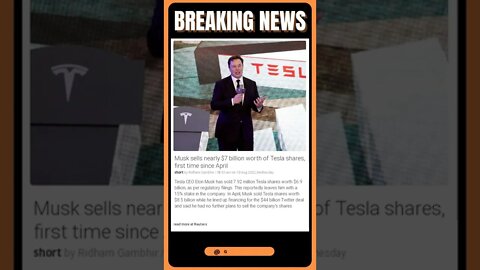 Latest News: Musk sells nearly $7 billion worth of Tesla shares, first time since April #shorts