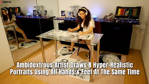 Ambidextrous Artist Draws 8 Hyper-Realistic Portraits Using All Hands & Feet At The Same Time