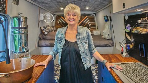 Solo Female Van Life at age 70! Tour of INCREDIBLE DIY Ford Transit Stealth Camper Conversion.