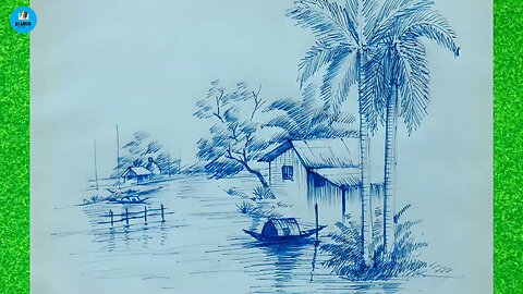 How to Draw Village landscape by one color pen sketch | Drawing Tutorial