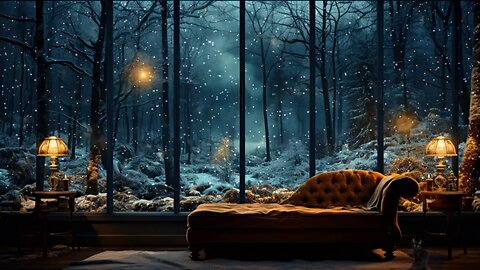Cozy Lounge and Soothing Music for Instant Peaceful Sleep | Winter Snowfall Window | Stress Relief