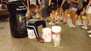 Talented Kid Entertains Subway Commuters With His Buckets