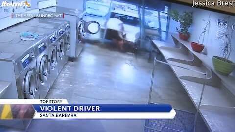 Man struck and thrown into laundromat by vehicle, causing head injuries and arrest.