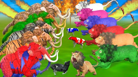 5 Zombie Mammoths Vs 5 Zombie Mountain Monster Lion Attack On Cow cartoon Saved Baby Woolly Mammoth