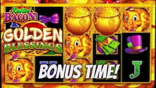 Rakin' Bacon Golden Blessings Slot Machine - Bonus Fun AGS Free Spins and Pick Bonus #rakin