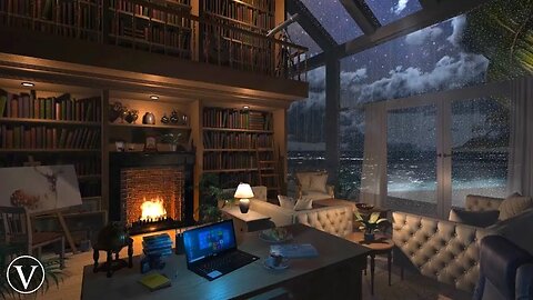 Beach Library | Night Rain Ambience | Ocean Waves, Fireplace & Thunderstorm Sounds