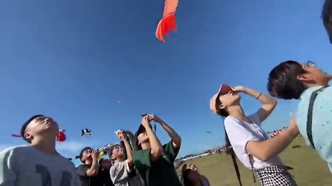 Little girl got entangled in a giant kite and went up into the sky !