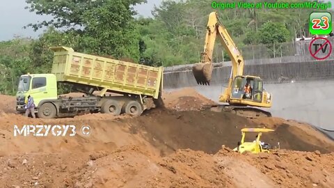 Excavator Dump Trucks Motor Grader Compactor Busy Working On Toll Road Construction