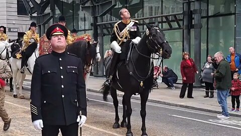 The kings guards and horses wait in a side street join The Lord mayor's show #thekingsguard