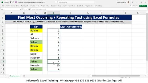 Find Most Occurring / Repeating Text using Excel Formulas | XMATCH | INDEX | ARRAYTOTEXT | MODE.MULT