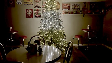 Our basement diner with our Christmas tree