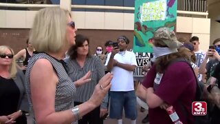 Mayor Stothert meets with protesters outside of City Hall Tuesday afternoon