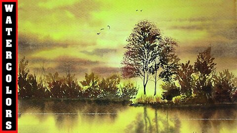 PAINTING WITH WATERCOLORS A GOLDEN SUNSET,PAINTING TREES IN A SUNSET