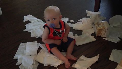"Adorable Baby Makes A Mess With Tissues"
