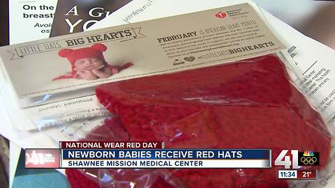 Newborn babies in KC receive red stocking caps during February as heart health reminders