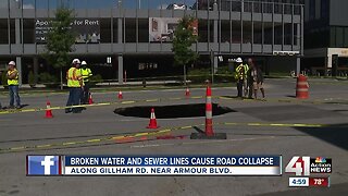Broken water, sewer lines cause road collapse