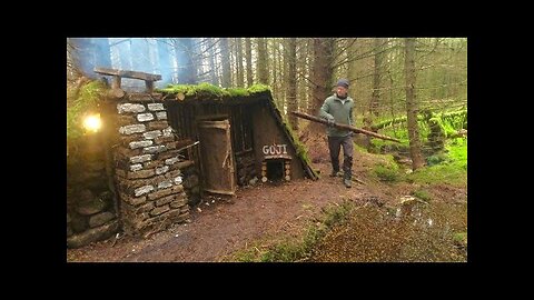 Building a secret shelter in the woods with clay brick fireplace