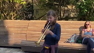 Talented 11 yrs old trumpet player Oskar Richter 1st busking experience. Brighton UK.