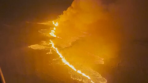 Aerials of volcano erupting in southwest Iceland