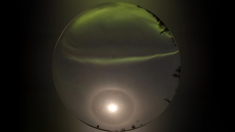 Wide angle coverage aurora and lunar halo