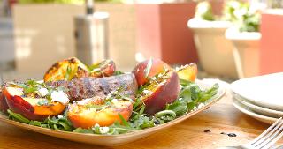 Seared Beef Sirloin and Grilled Peaches with Feta Cheese and Basil