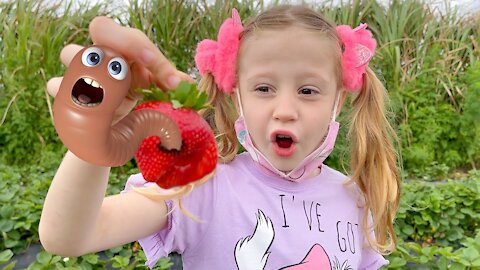 TITULO…Nastya and dad pick vegetables on the farm for mom