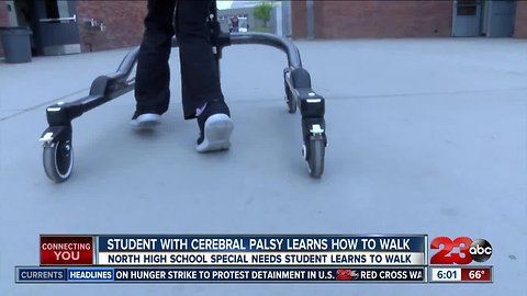 Student with cerebral palsy learns how to walk