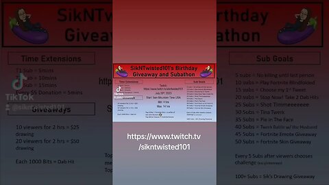 ❤️SikNTwisted101's Birthday Giveaway and Subathon 🍆Where: https://www.twitch.tv/sikntwisted101