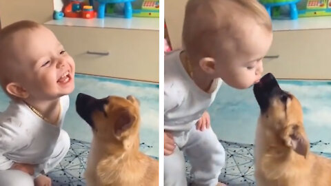 Dog and baby besties play kissing game | cute video