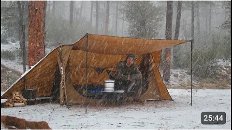 Solo Hot Tent Winter camping in Snow Storm #