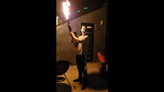 Gimmick with a flame thrower