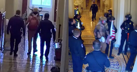 Jan. 6 Footage Shows Capitol Cops Escorting QAnon Shaman to Senate Floor