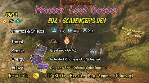 Destiny 2 Master Lost Sector: EDZ - Scavenger's Den on my Arc Hunter 5-19-24