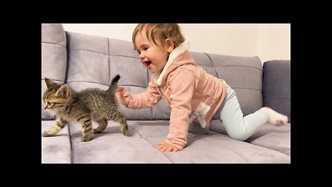 Cute baby first time meet with Cat