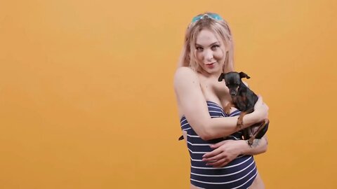 Portrait of a blonde sensual women petting her chihuahua. Young woman in swimwear in front of yello
