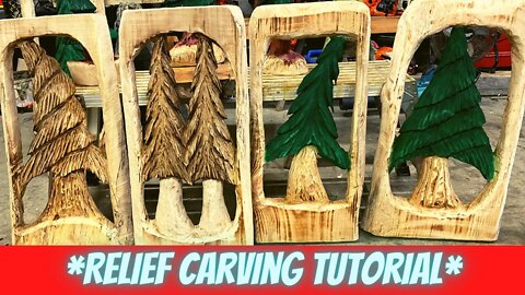 Relief Woodcarving Tree in Live edge slab with Chainsaw tutorial