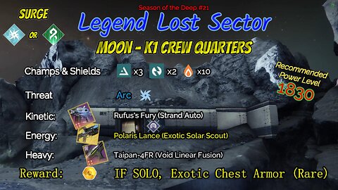 Destiny 2 Legend Lost Sector: Moon - K1 Crew Quarters on my Void Hunter 7-29-23