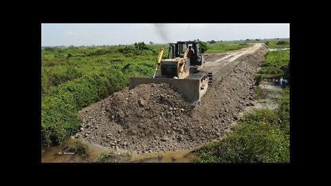 Amazing road construction mighty old dozer pushing dirt and truck drop down dirt