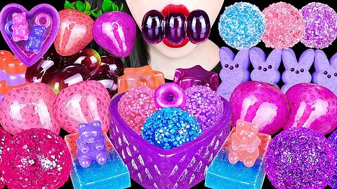 ASMR PINK PURPLE FOODS *JELWEL BOX KOHAKUTO, TANGHULU MARSHMALLOW JELLY EATING MUKBANG