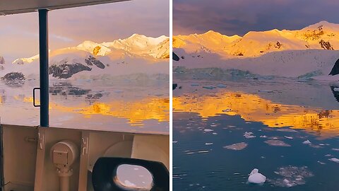 The golden hour paints Antarctica's mountains in mesmerizing color