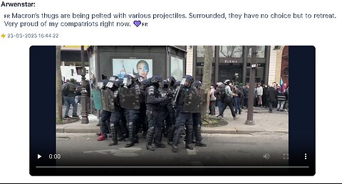 Macron’s thugs are being pelted with various projectiles. Surrounded, they have no choice but to ret