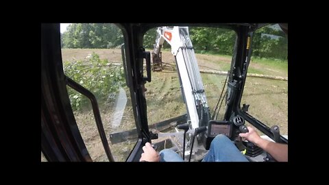 DAY 1 Clearing trees with mini excavator for pond; Bobcat e42 R series